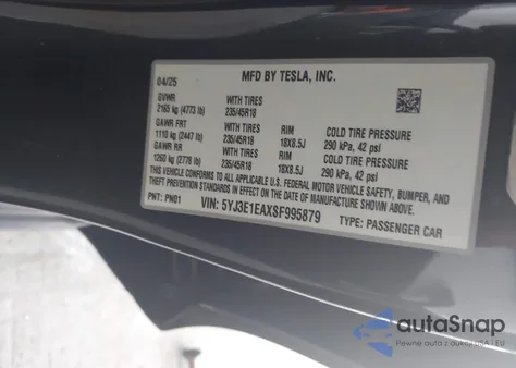 2025 Tesla Model 3 Long Range Rear-Wheel Drive/Standard Rear-Wheel Drive from USA, damaged, VIN 5YJ3E1EAXSF995879